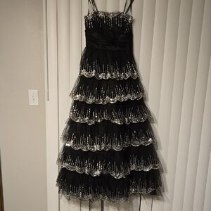 Black Tiered Formal Gown Silver Sequins Sz 3/4